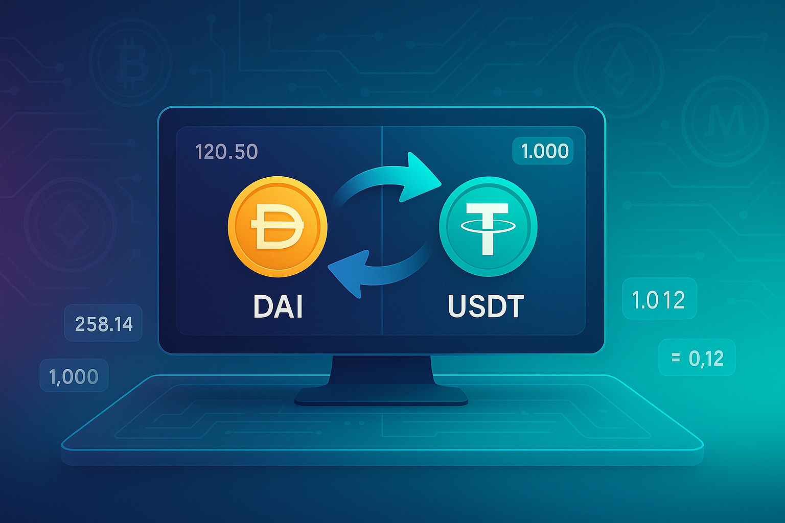 DeFi terminal interface showing DAI to USDT swap with crypto rates