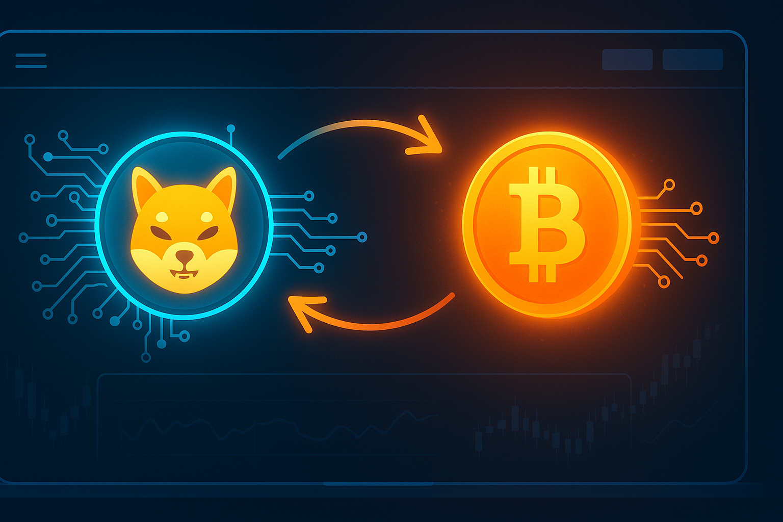 Modern crypto banner showing Doge to BTC swap on a sleek exchange interface