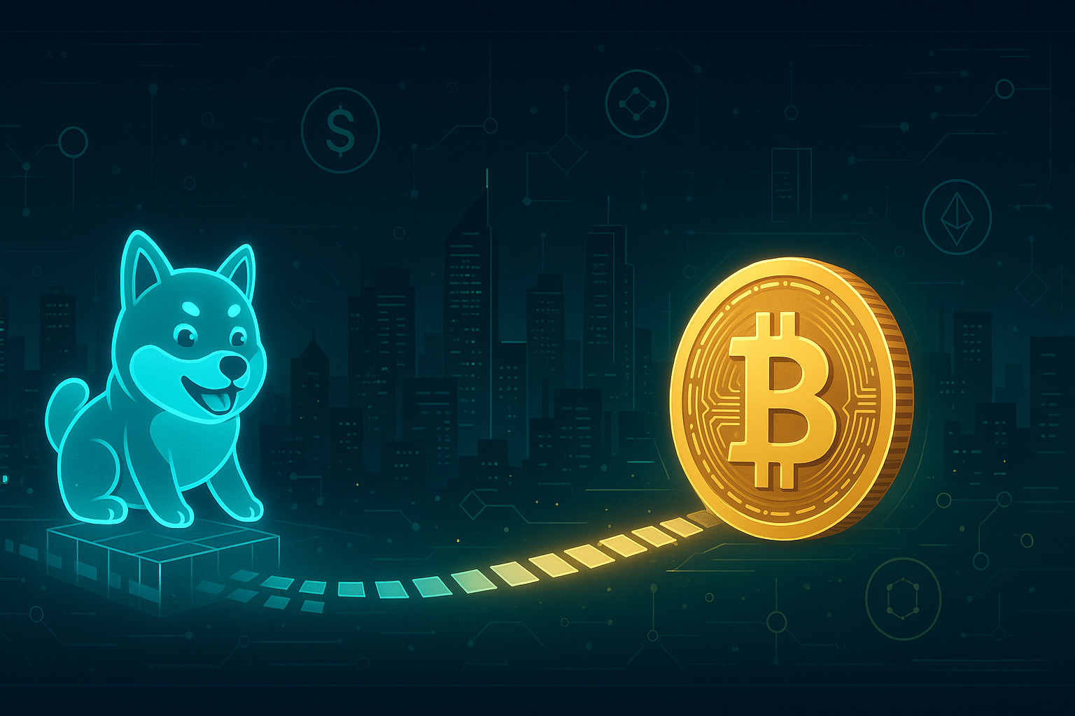 Futuristic digital city showing Doge coin swapping along data path into Bitcoin