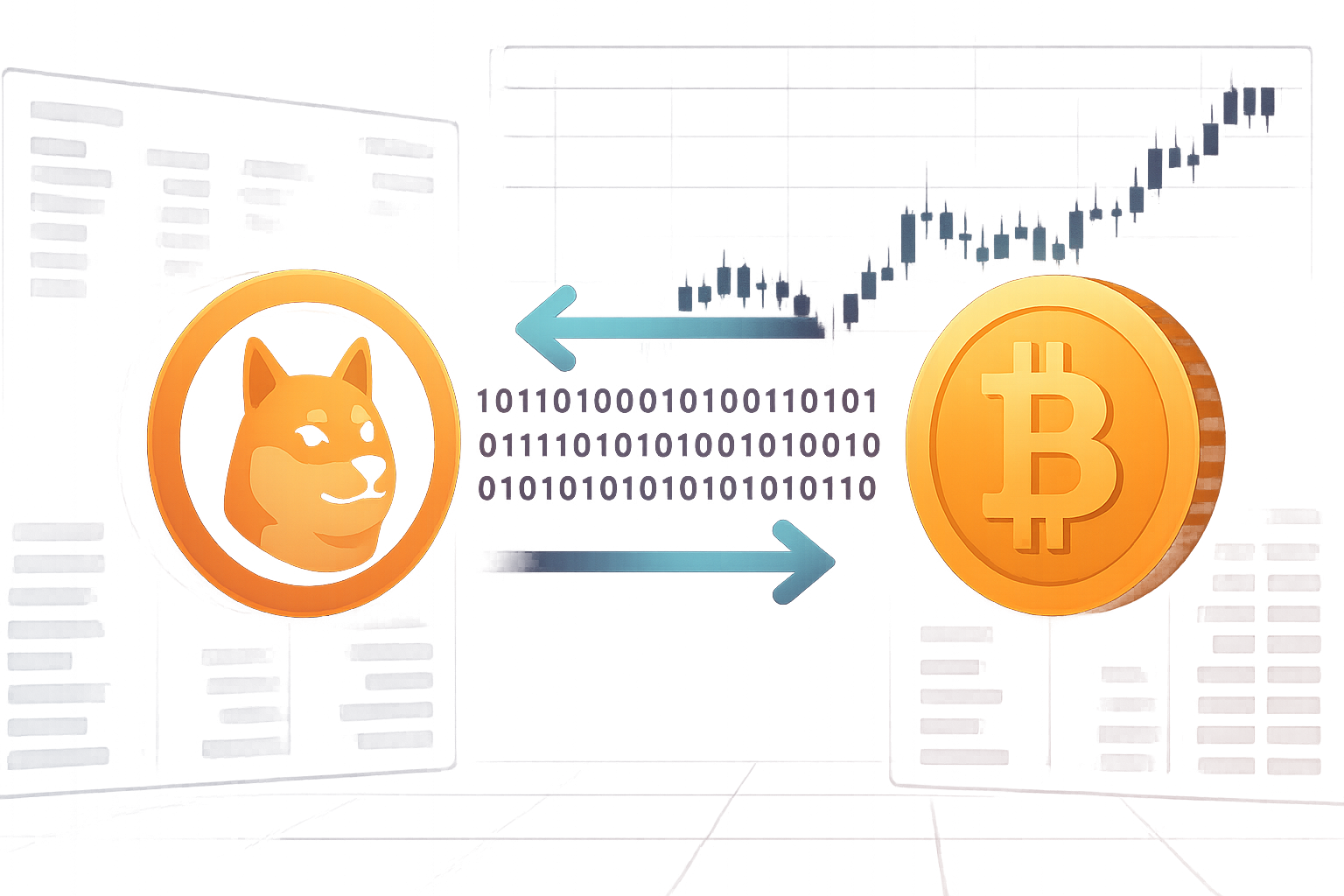 Abstract Doge to BTC swap dashboard with crypto charts and binary code