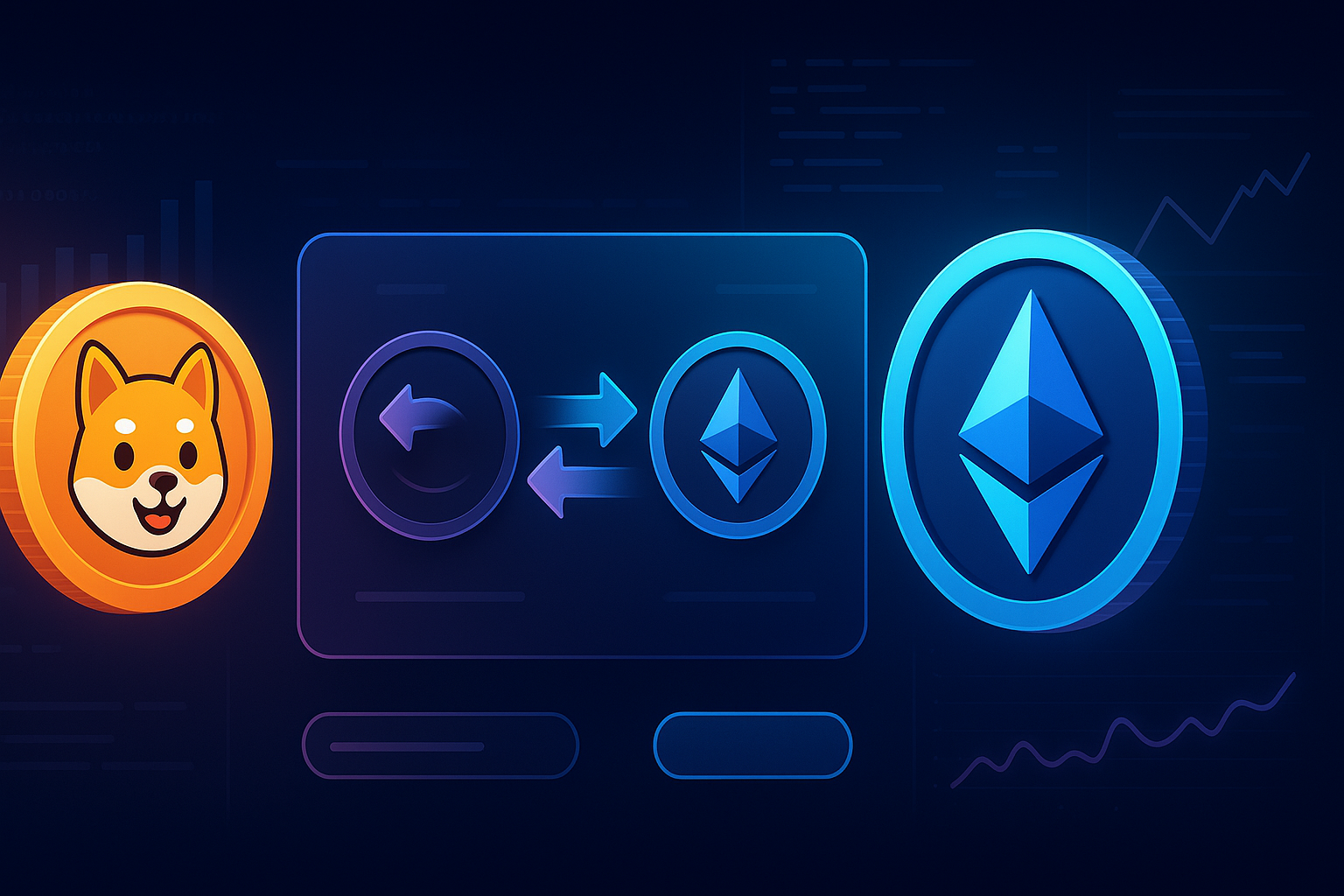 Wide crypto banner showing a Doge-style coin swapping to a blue ETH coin on a futuristic exchange UI