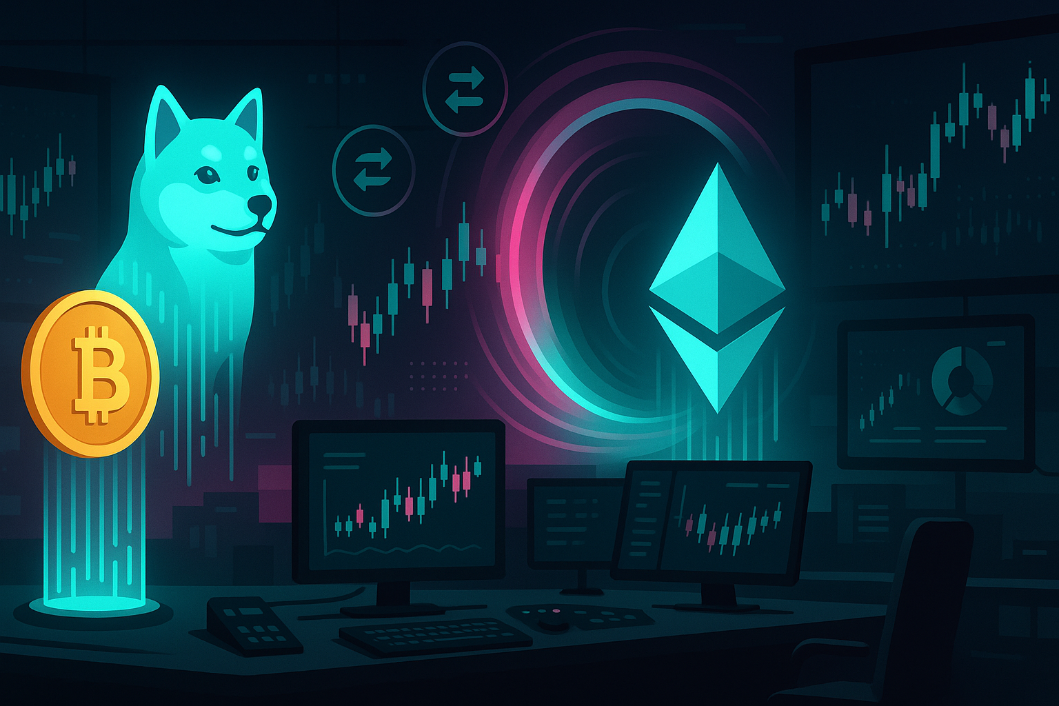 High-tech crypto command center showing Doge to ETH swap hologram
