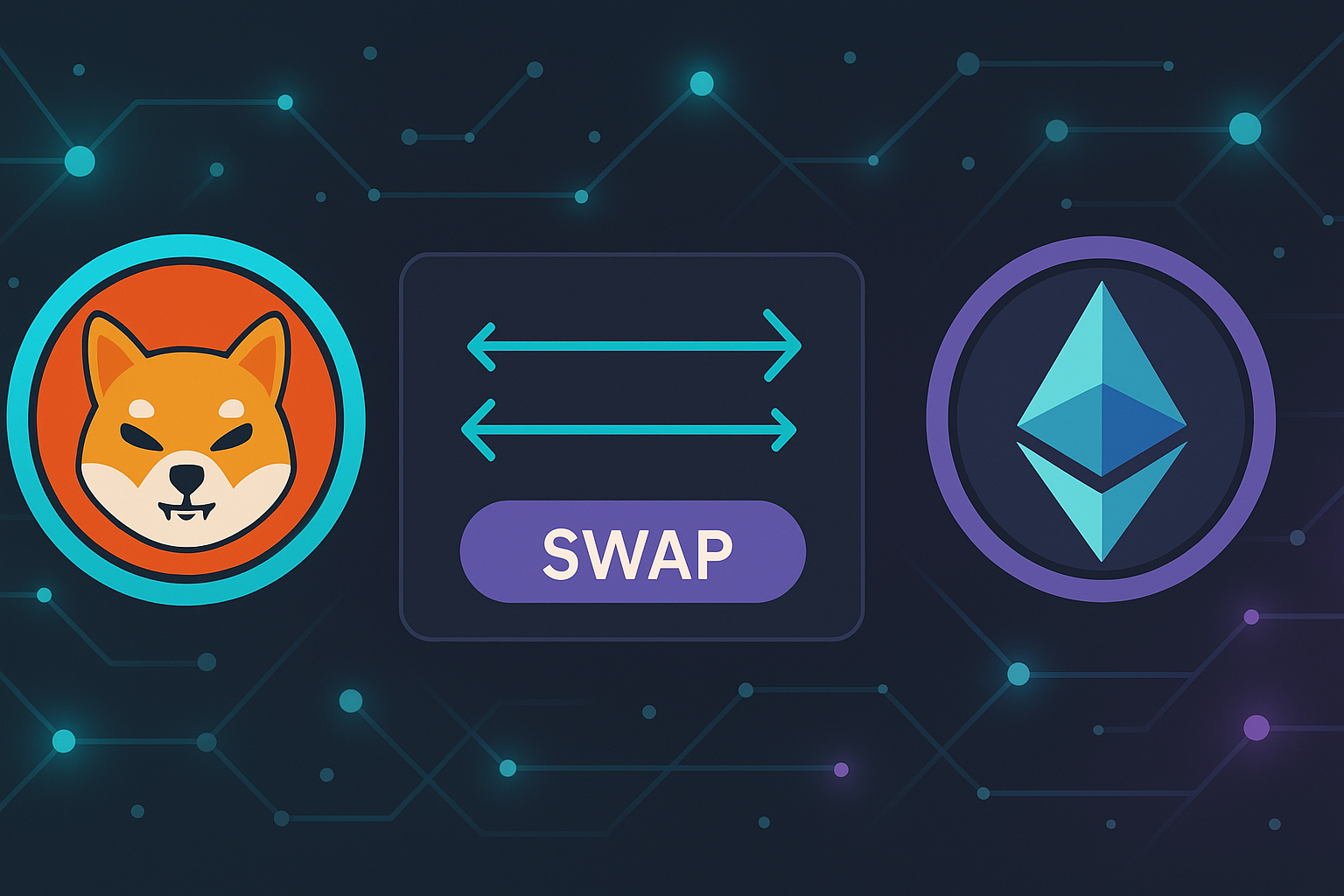 Modern crypto banner showing DOGE to ETH swap on sleek exchange UI