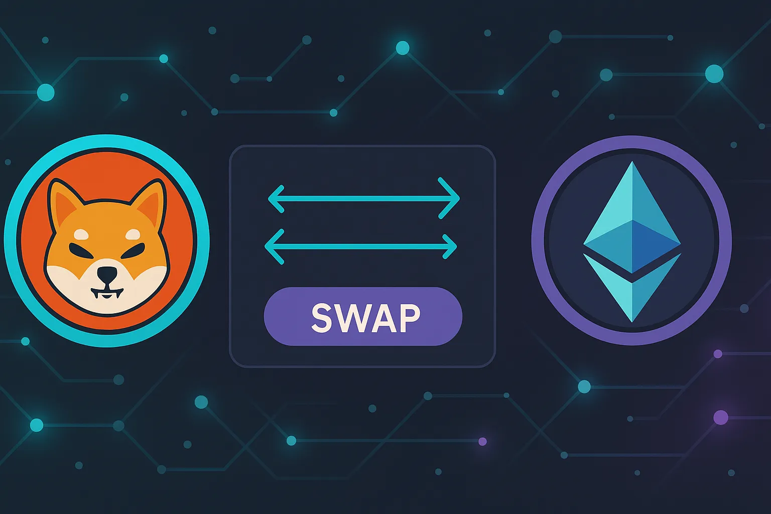 Bannière crypto moderne affichant l'échange DOGE/ETH sur une interface utilisateur d'échange élégante