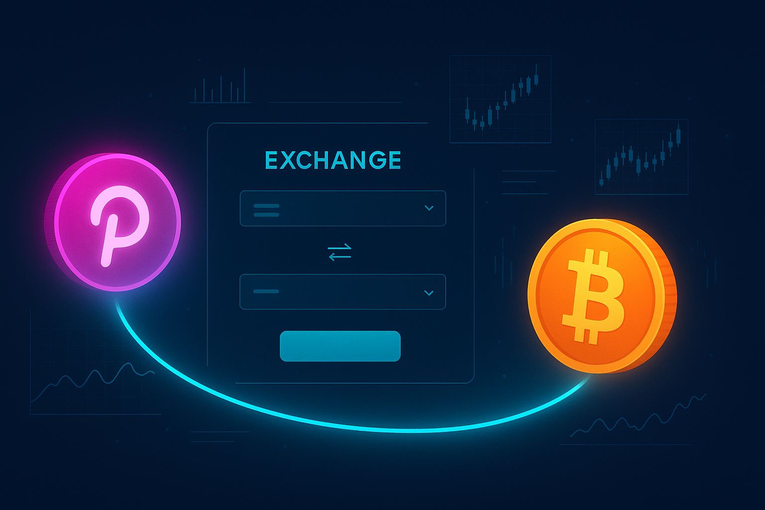 Modern crypto exchange screen showing DOT to BTC swap with charts