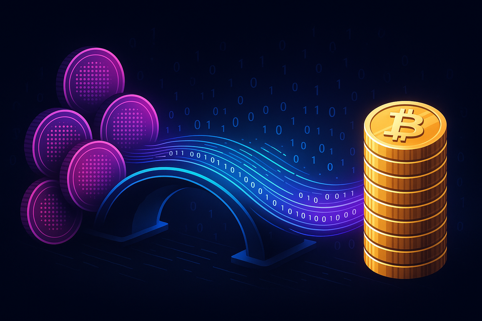 Digital bridge visualizing a DOT to BTC crypto swap with flowing data