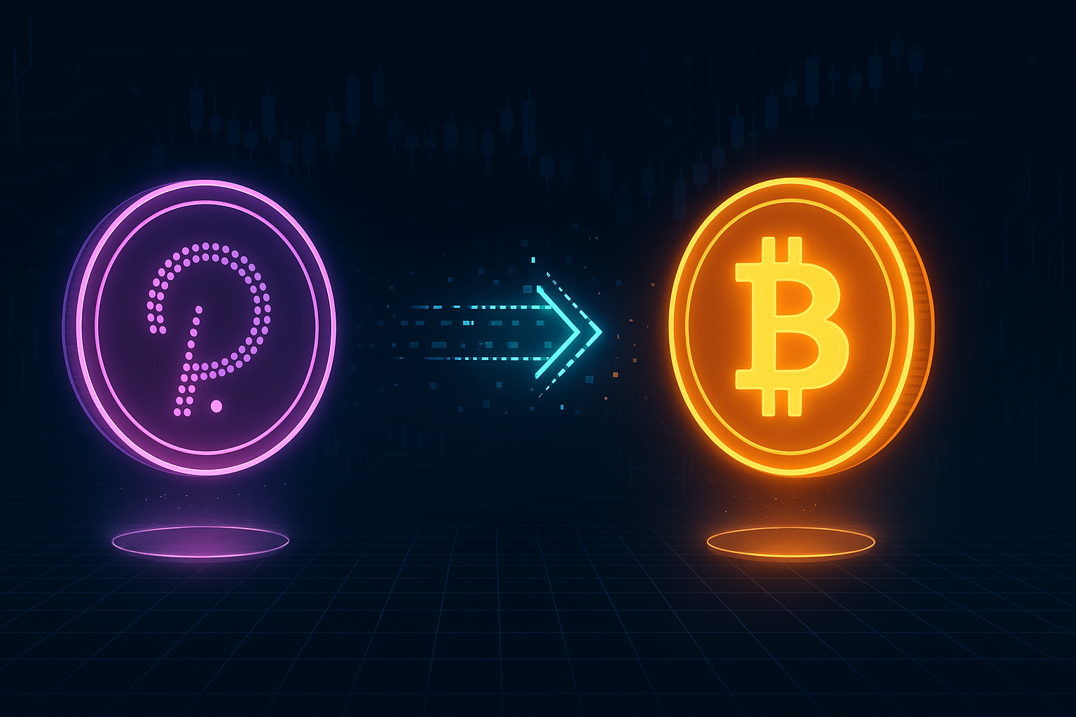 DOT to BTC swap holographic coins over futuristic crypto trading grid
