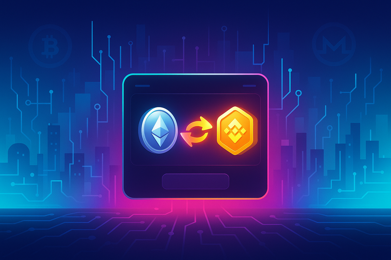 Futuristic ETH to BNB swap interface with neon blockchain landscape