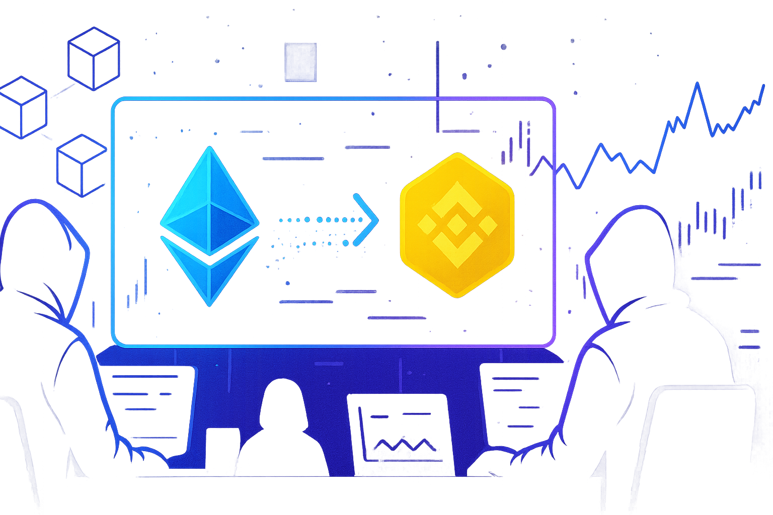 Cyberpunk trading desk showing anonymous ETH to BNB crypto swap with no KYC