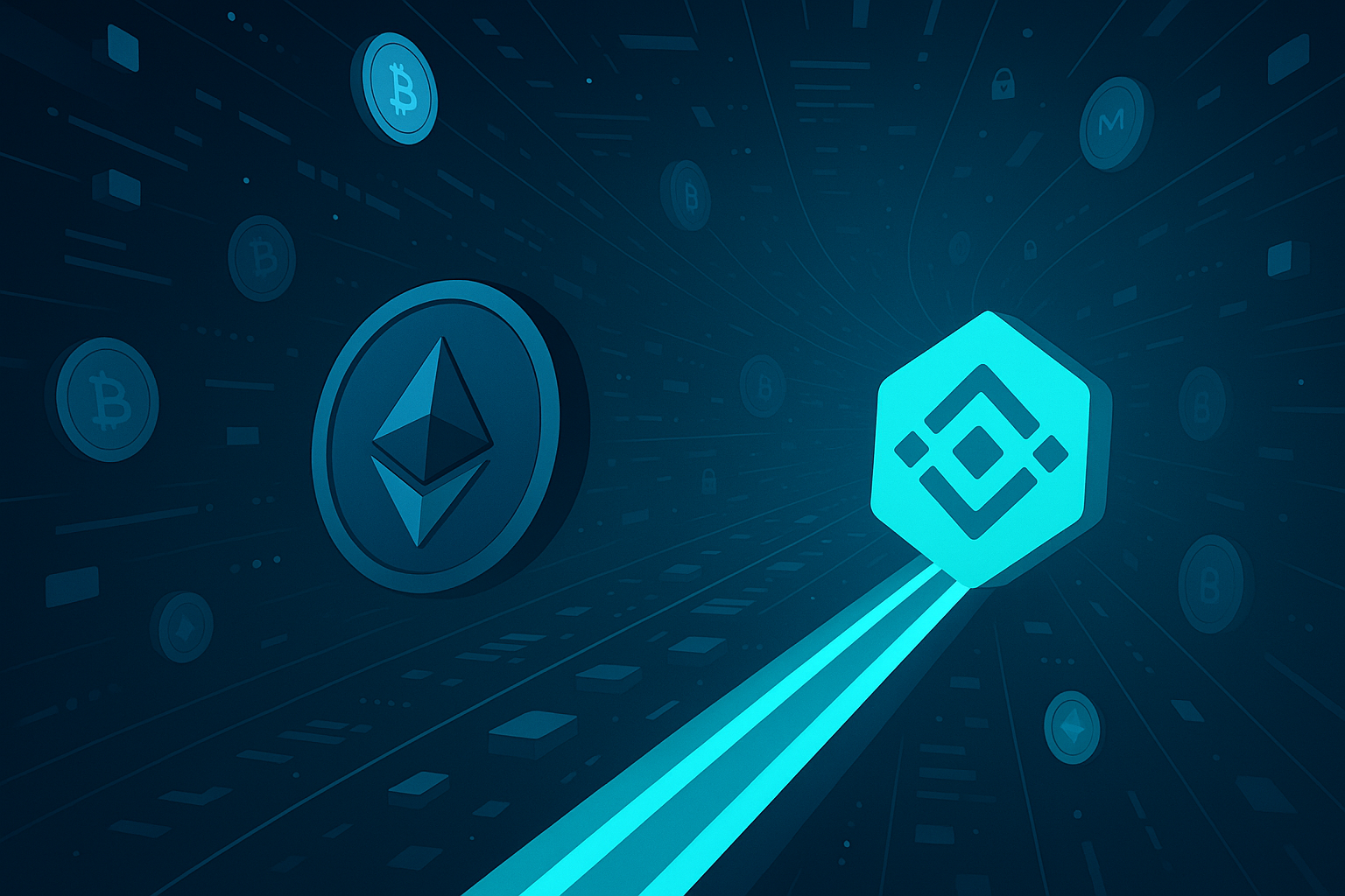 Futuristic data tunnel showing fast, private ETH to BNB swap with no KYC