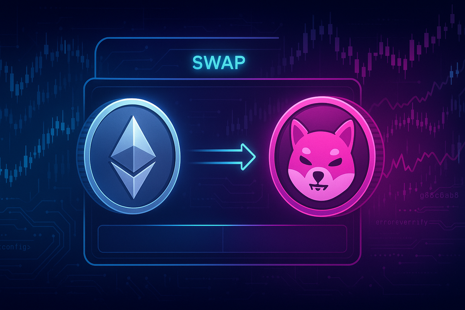 Futuristic crypto interface showing Ethereum coin swapping into Shiba Inu-style DOGE token
