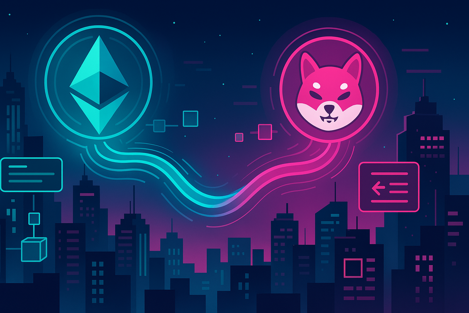 Cyberpunk city night scene visualizing an ETH to DOGE crypto swap with holographic coins