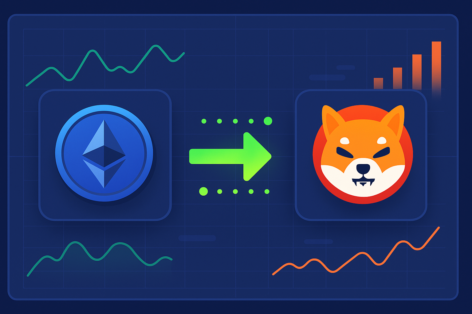 Minimalist crypto dashboard showing ETH to Doge swap with animated bridge
