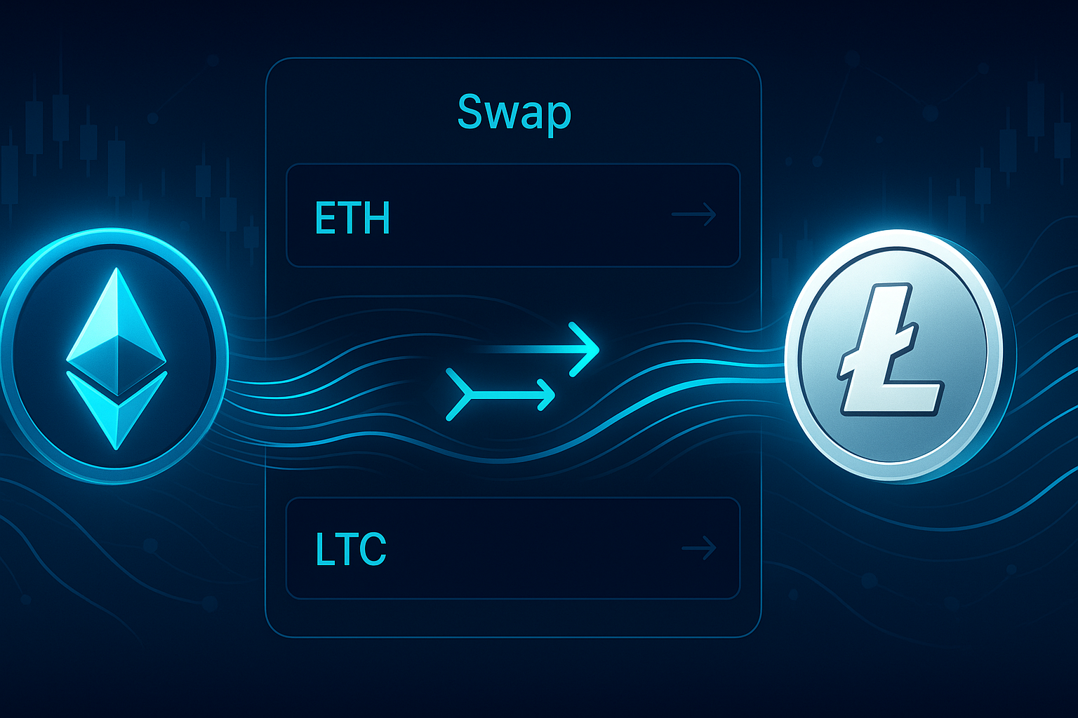 ETH to LTC swap banner with glowing crypto coins and exchange interface