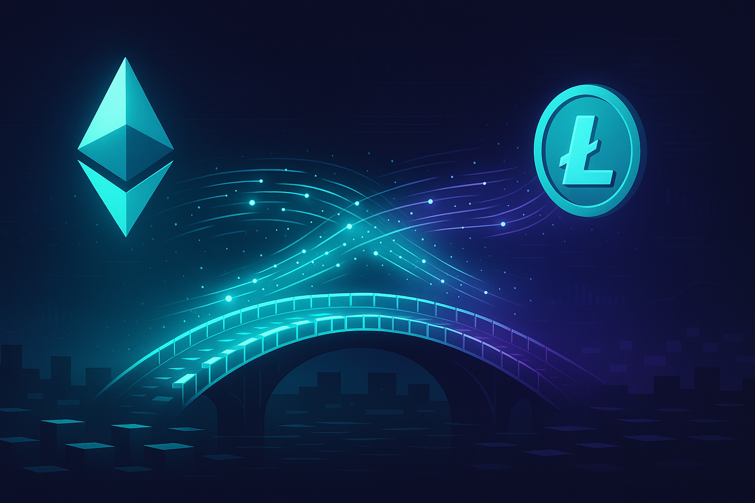 Futuristic digital bridge visualizing a private ETH to LTC crypto swap