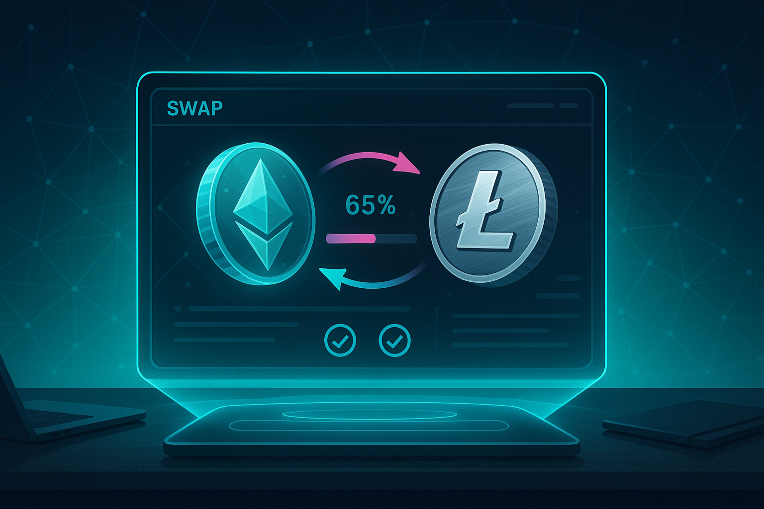 Holographic dashboard showing ETH to LTC swap with rotating coins