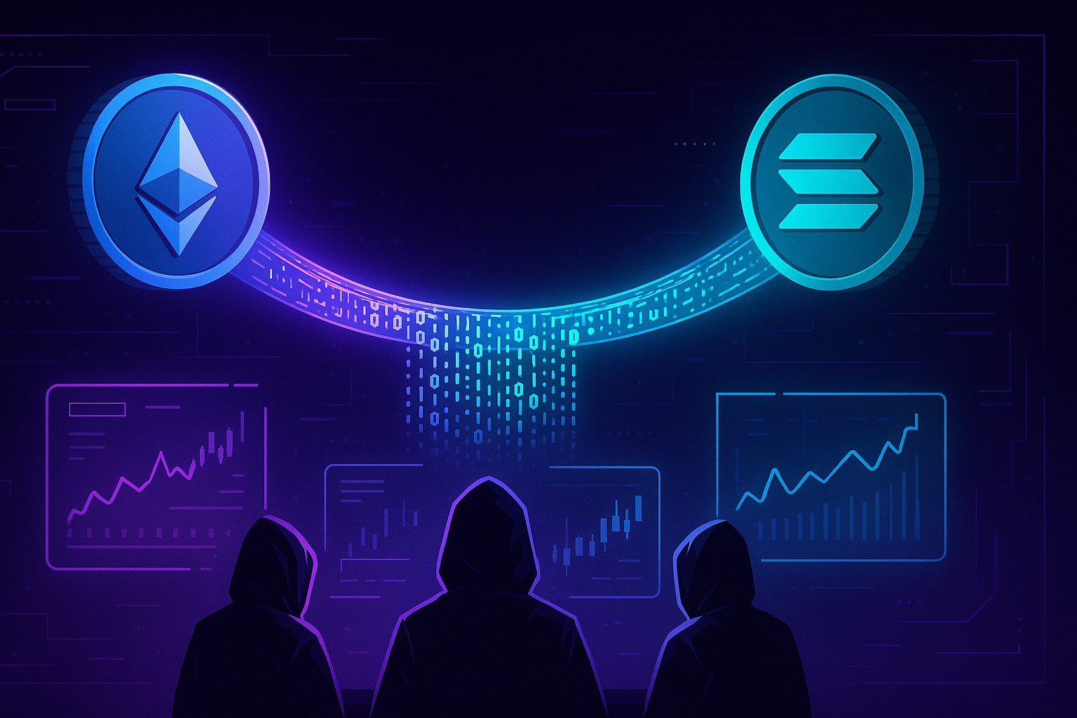 Futuristic crypto bridge visualizing anonymous ETH to SOL swap with no KYC