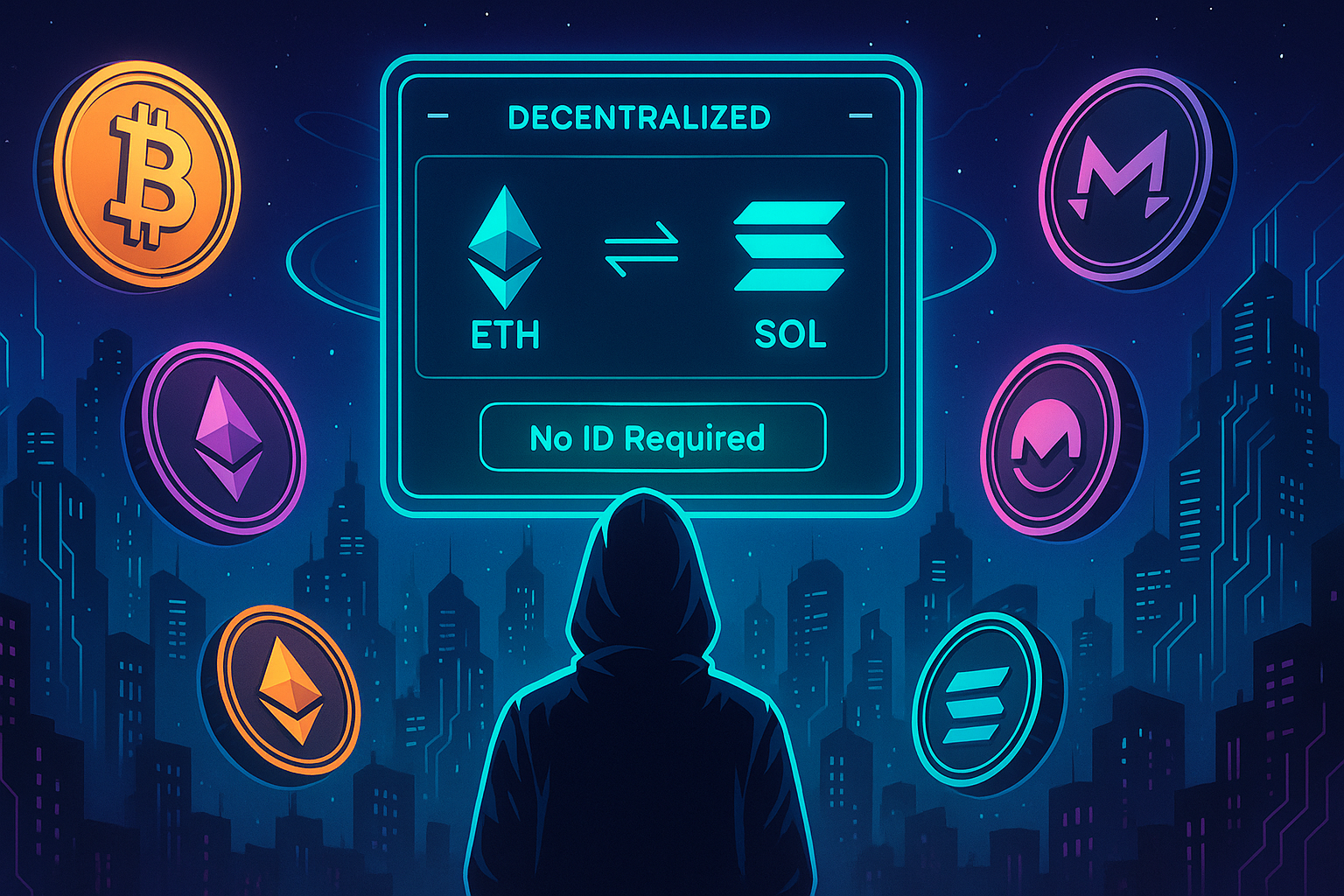 Cyberpunk ETH to SOL swap terminal showing no KYC required in neon city