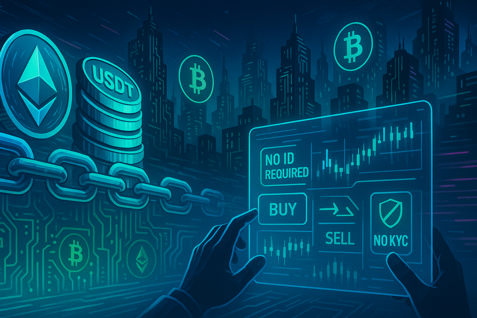 Cyberpunk ETH to USDT trading banner showing no KYC and no ID crypto swap