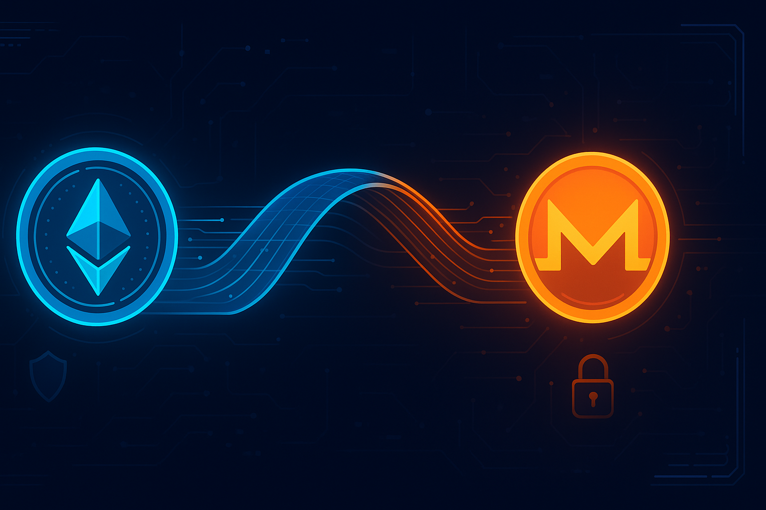 Abstract digital bridge banner showing secure ETH to XMR swap without KYC