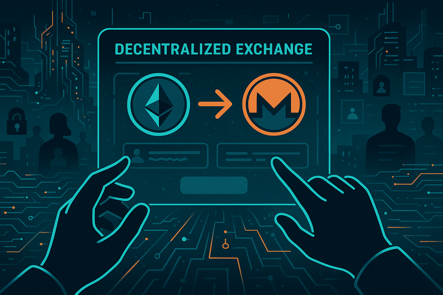 Futuristic ETH to XMR swap dashboard showing anonymous no-KYC crypto exchange