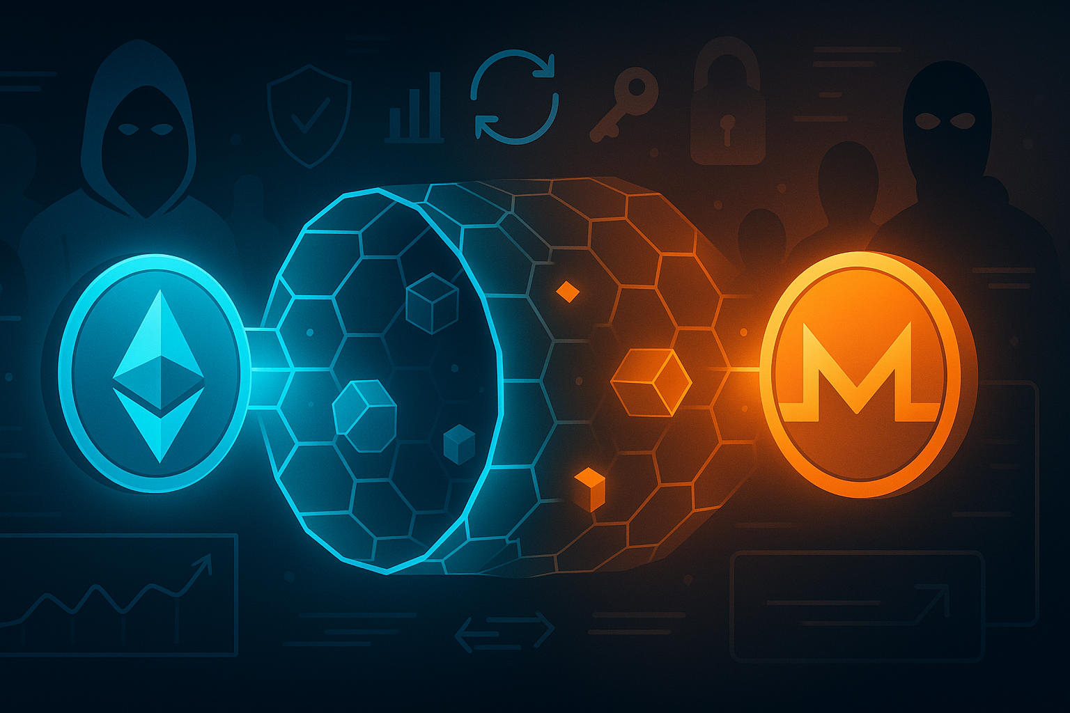 Futuristic crypto tunnel showing anonymous ETH to XMR swap with privacy icons