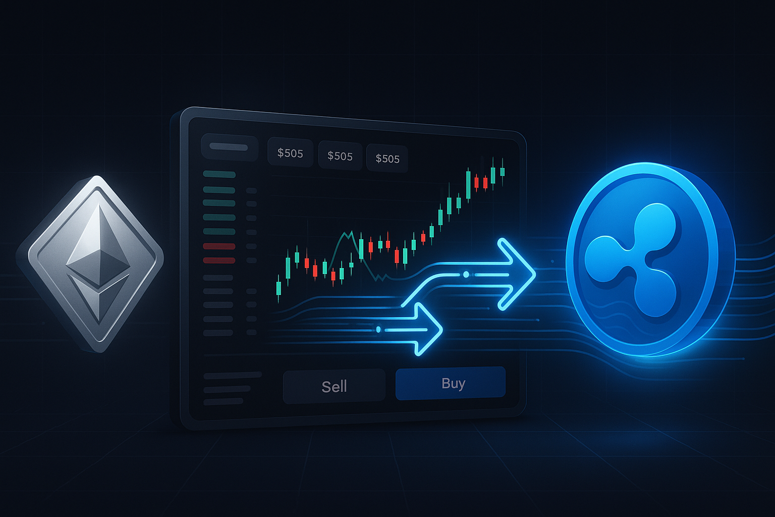 ETH to XRP swap dashboard with glowing crypto coins and data streams