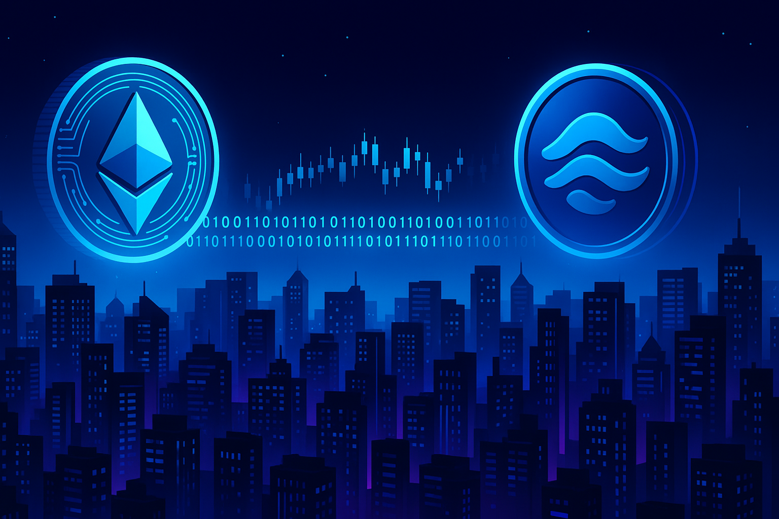 Futuristic night city with Ethereum and XRP coins linked by a digital swap path