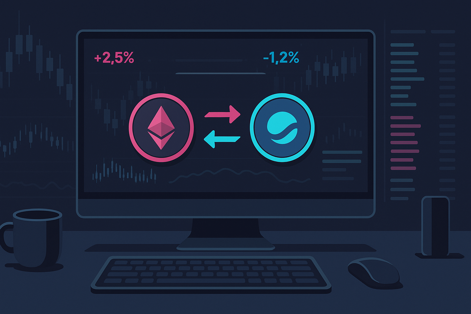 Futuristic desktop interface showing an ETH to XRP style crypto swap