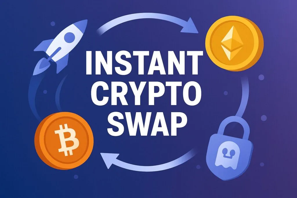 Illustrazione di uno scambio istantaneo di criptovalute con monete Bitcoin ed Ethereum collegate da frecce e da un lucchetto fantasma; include il testo "Scambio istantaneo di criptovalute" su uno sfondo blu cosmico che sottolinea lo scambio rapido di token.