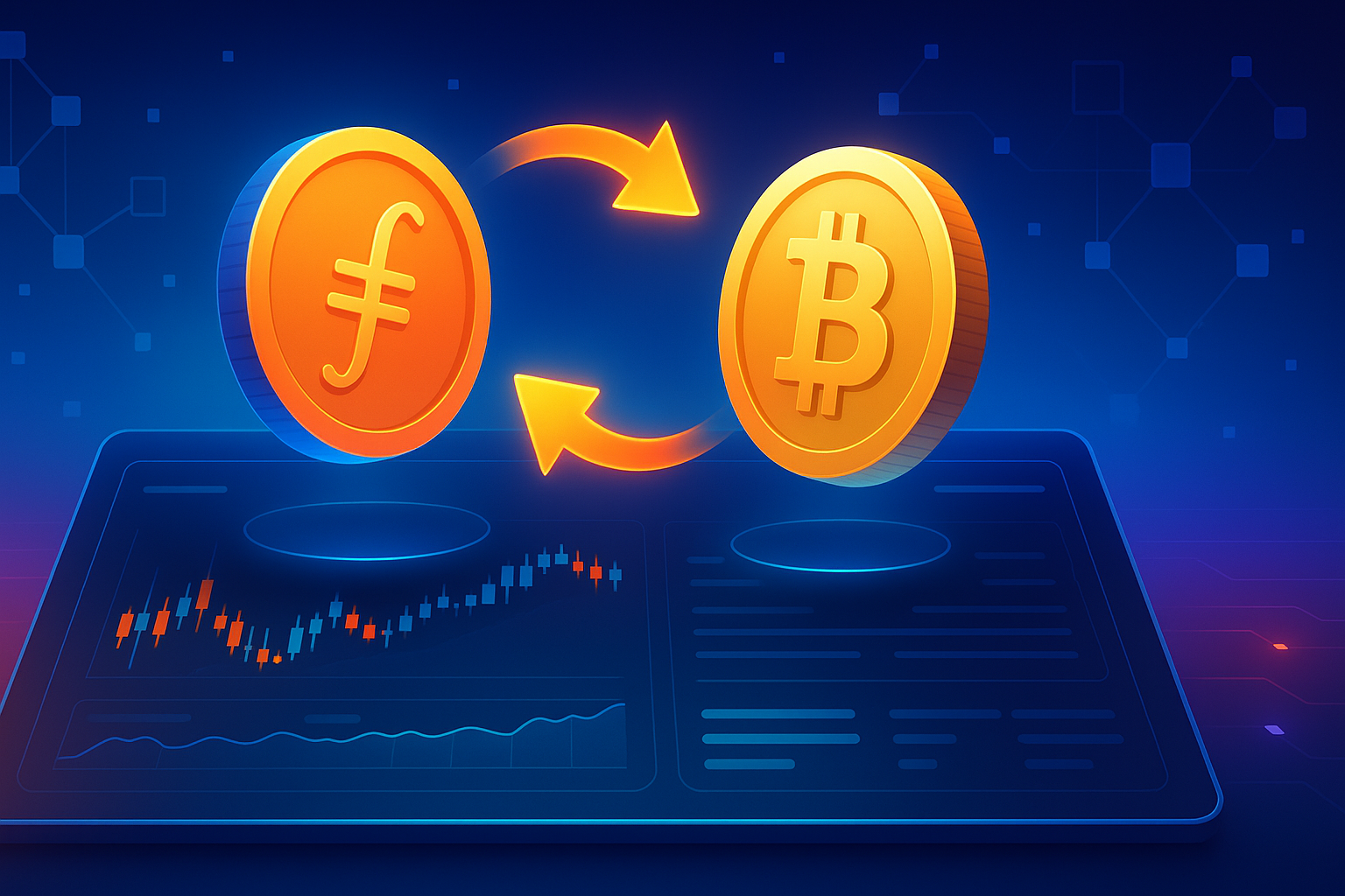 Futuristic crypto dashboard showing FIL to BTC coin swap with glowing conversion arrows