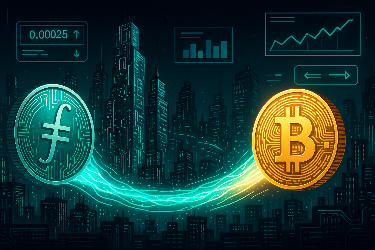 Cyberpunk skyline with FIL coin transforming into BTC amid neon swap charts