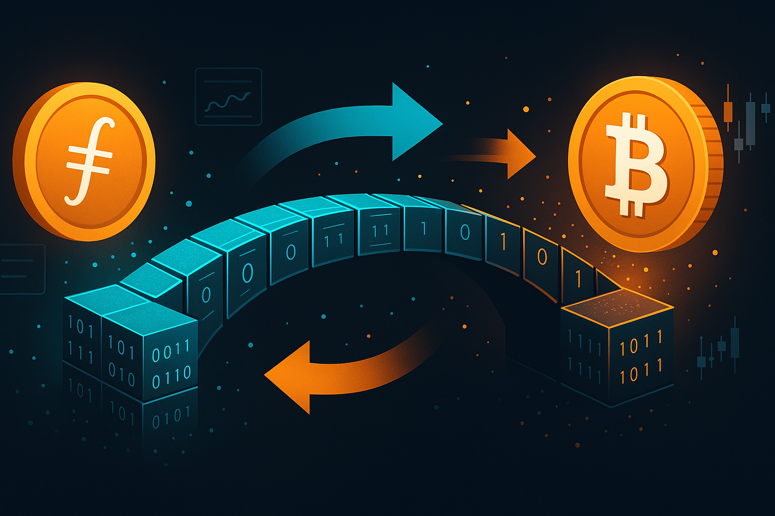 Digital bridge illustration showing FIL to BTC swap with flowing value