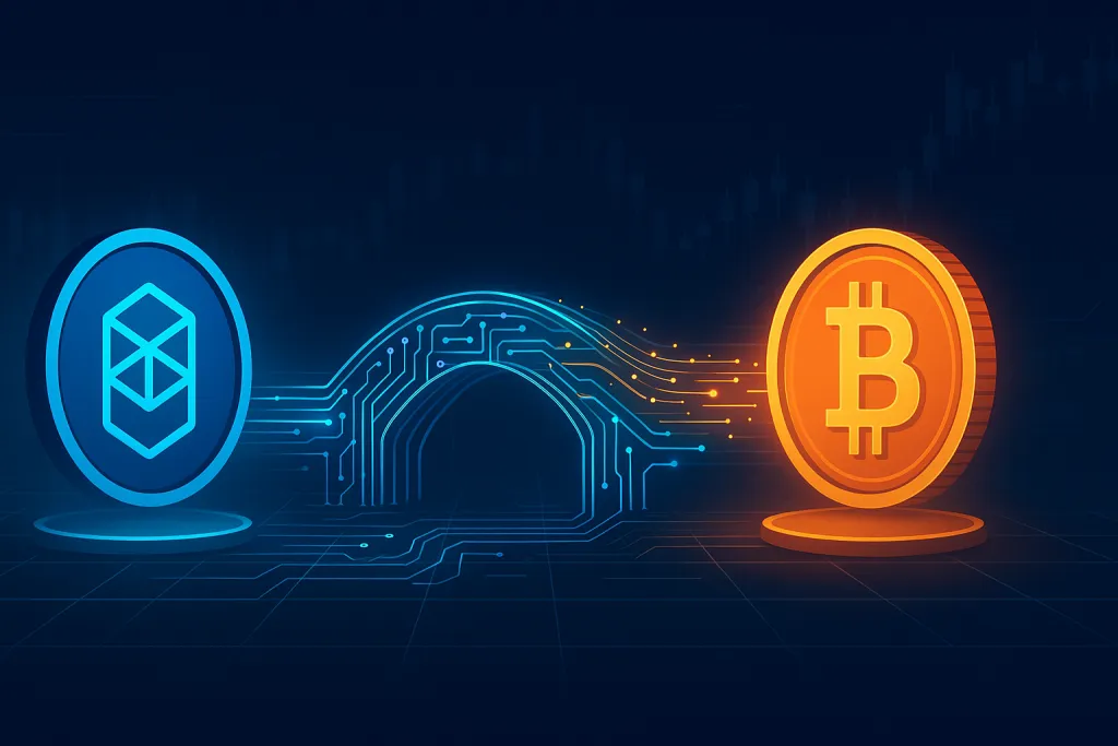 Eine futuristische digitale Brücke visualisiert einen anonymen Kryptotausch von FTM zu BTC.
