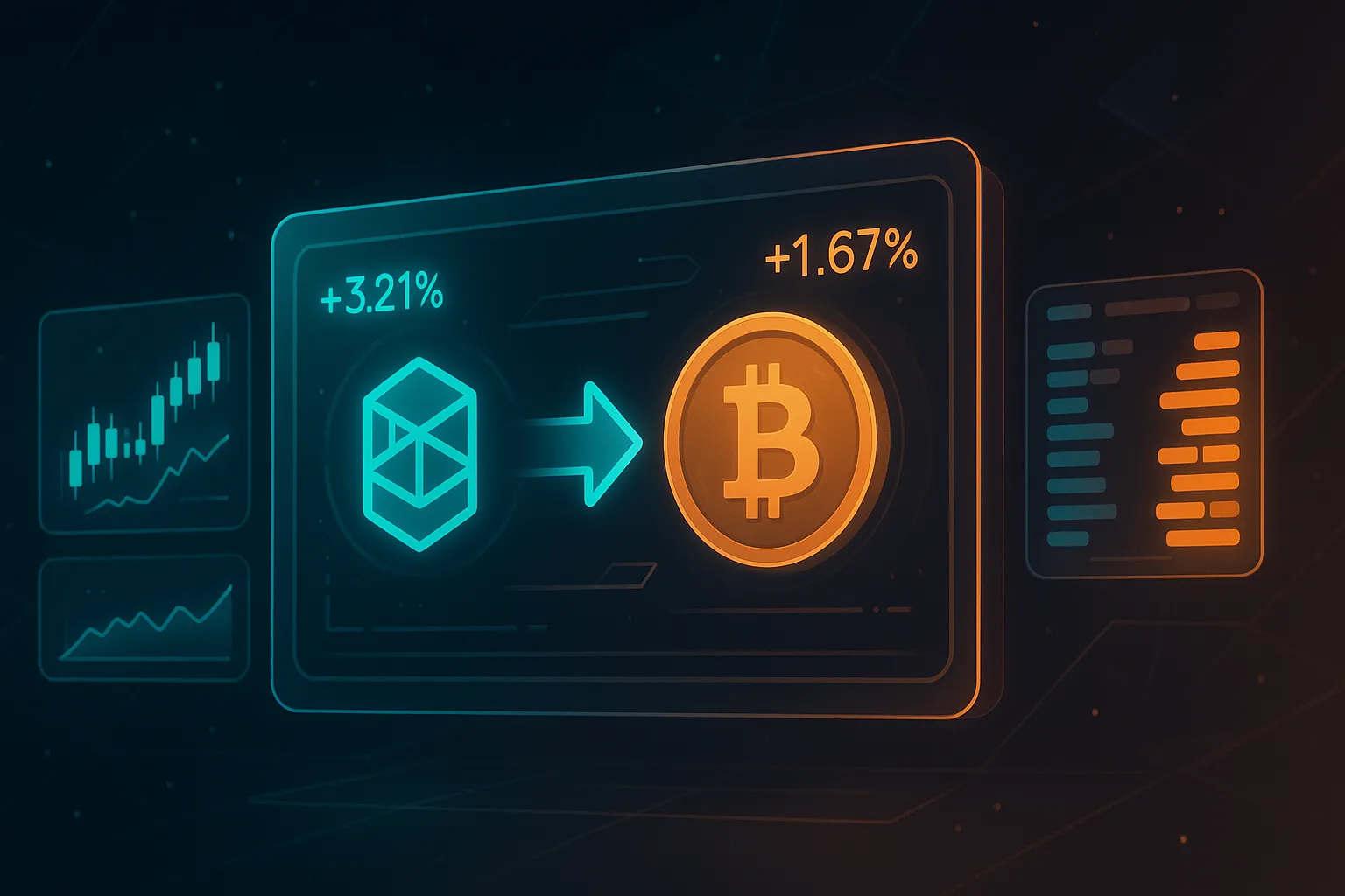 Futuristisches Krypto-Dashboard mit FTM-zu-BTC-Swap-Charts im Weltraum