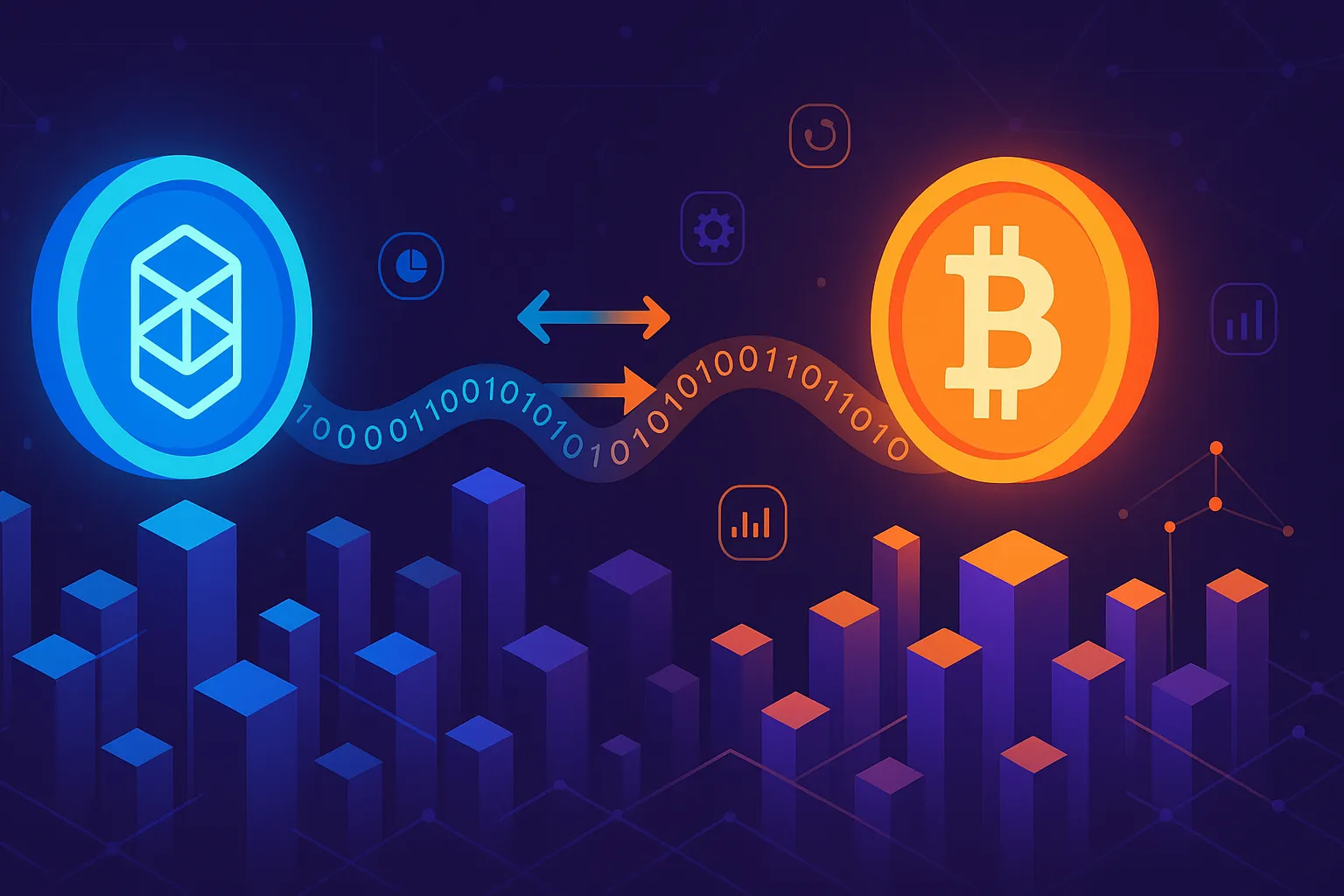 Abstraktes Blockchain-Stadtbanner mit FTM-zu-BTC-Tauschband und neonfarbenen Krypto-Knoten.