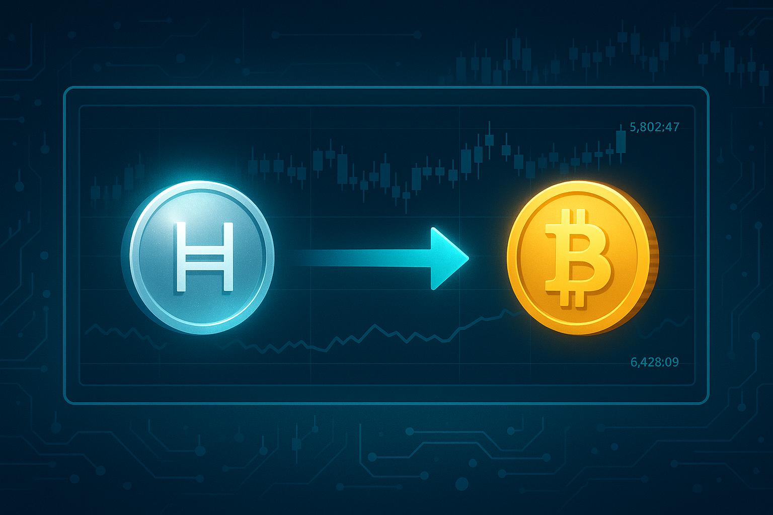 Digital crypto exchange banner showing HBAR to BTC swap interface with charts and candlesticks
