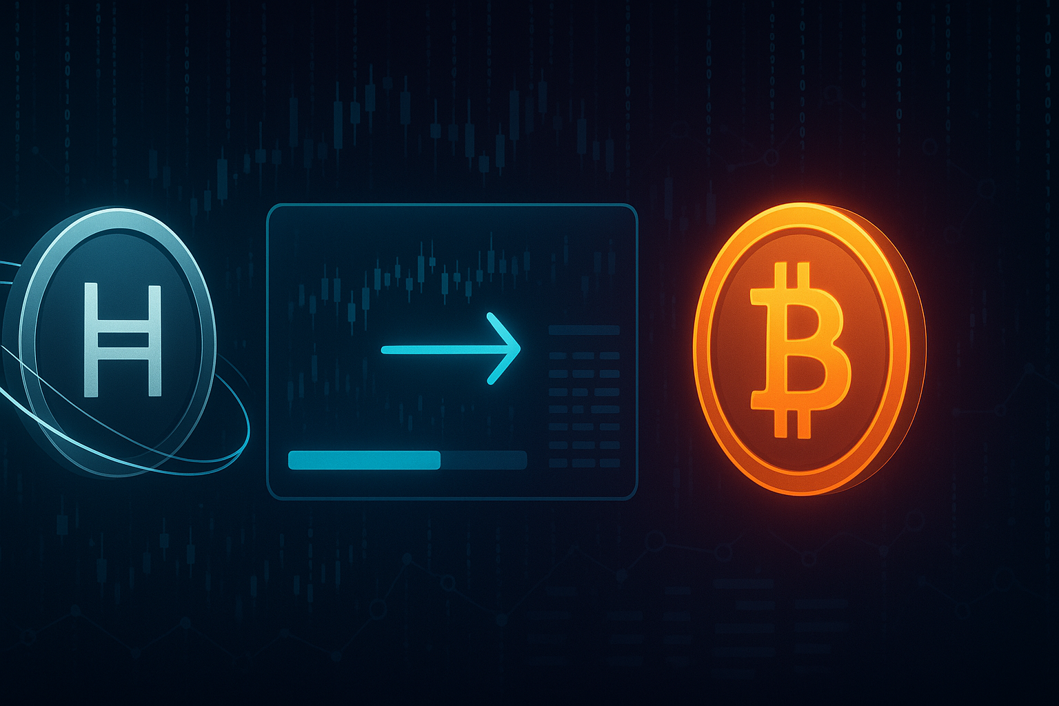 Futuristic HBAR to BTC swap interface with crypto charts and code