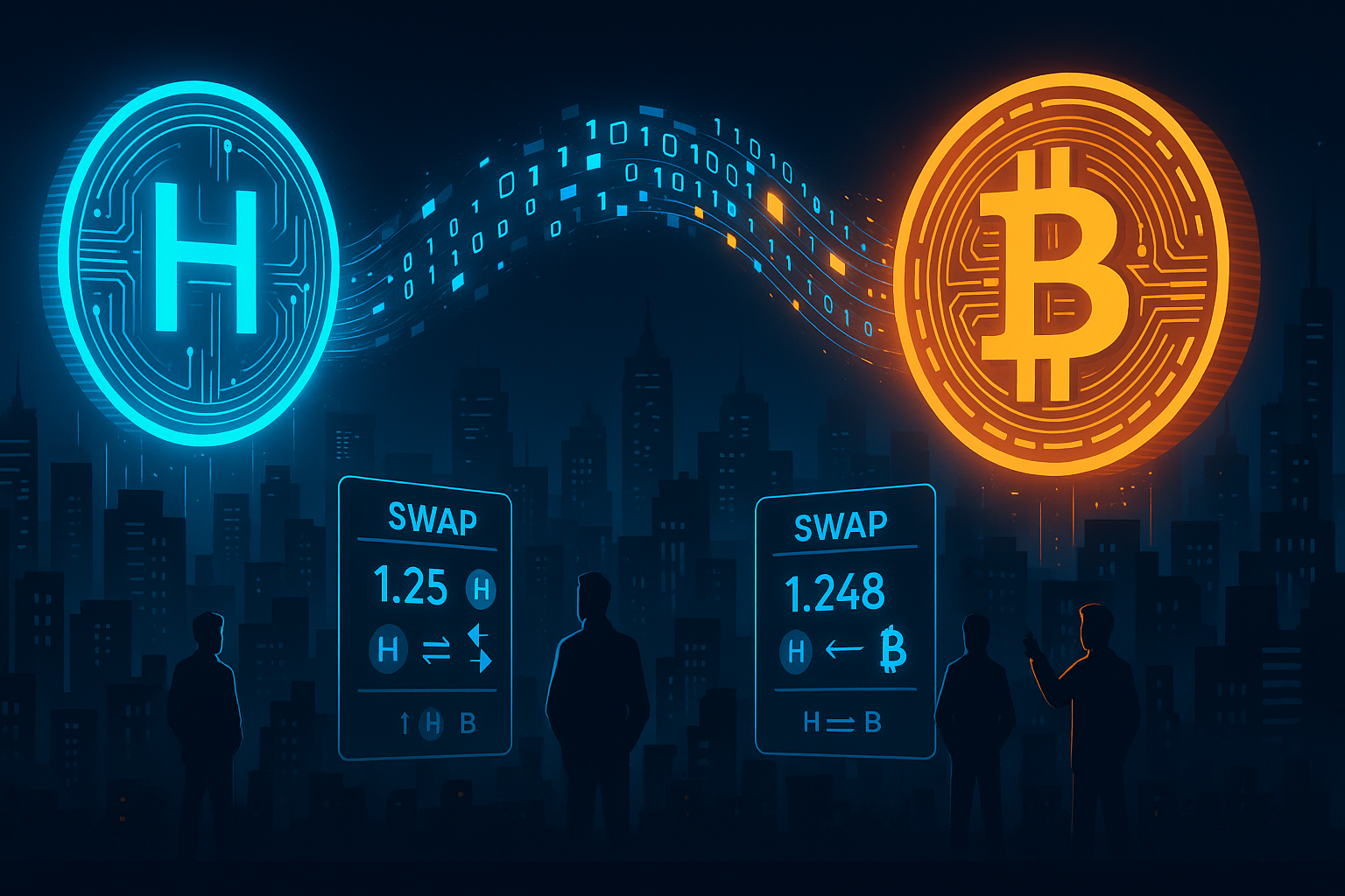 Futuristic city showing HBAR to BTC swap with data bridge and traders at night