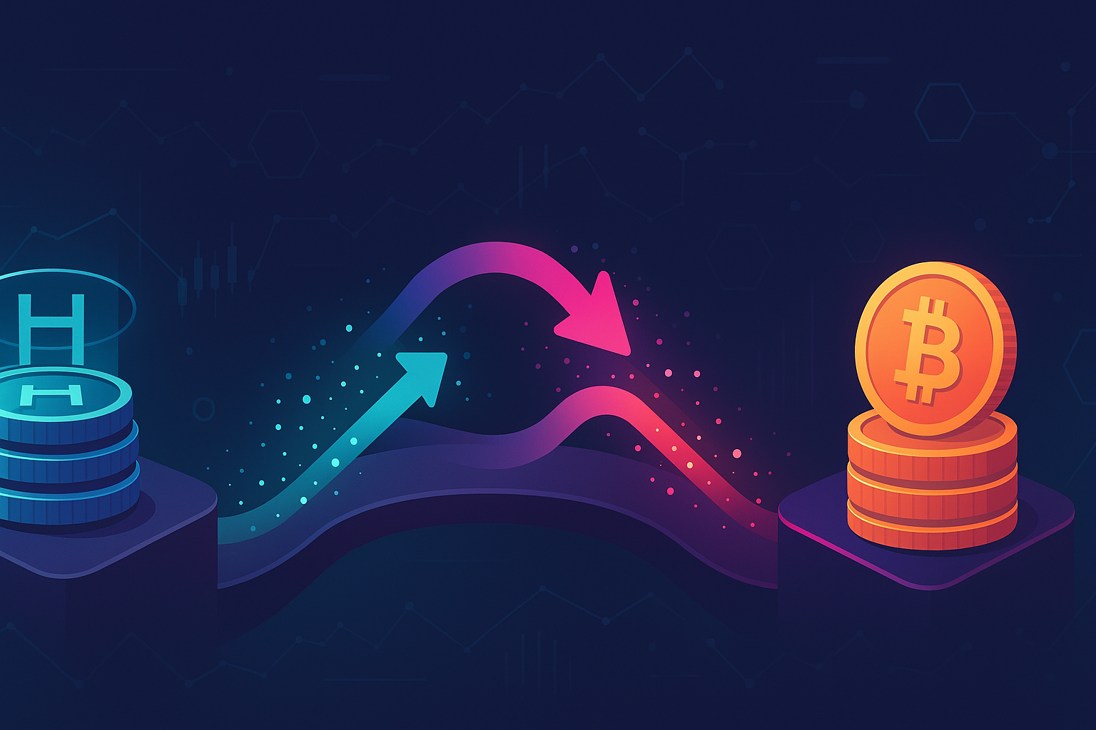 Vector crypto banner showing HBAR to BTC bridge swap with glowing arrows and charts