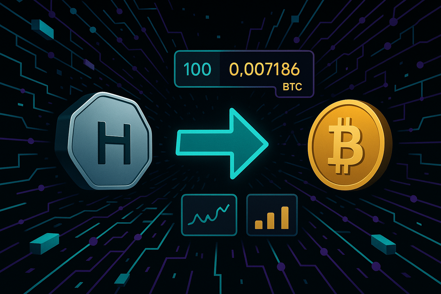 Digital HBAR to BTC swap tunnel with coins, charts, and exchange rate UI