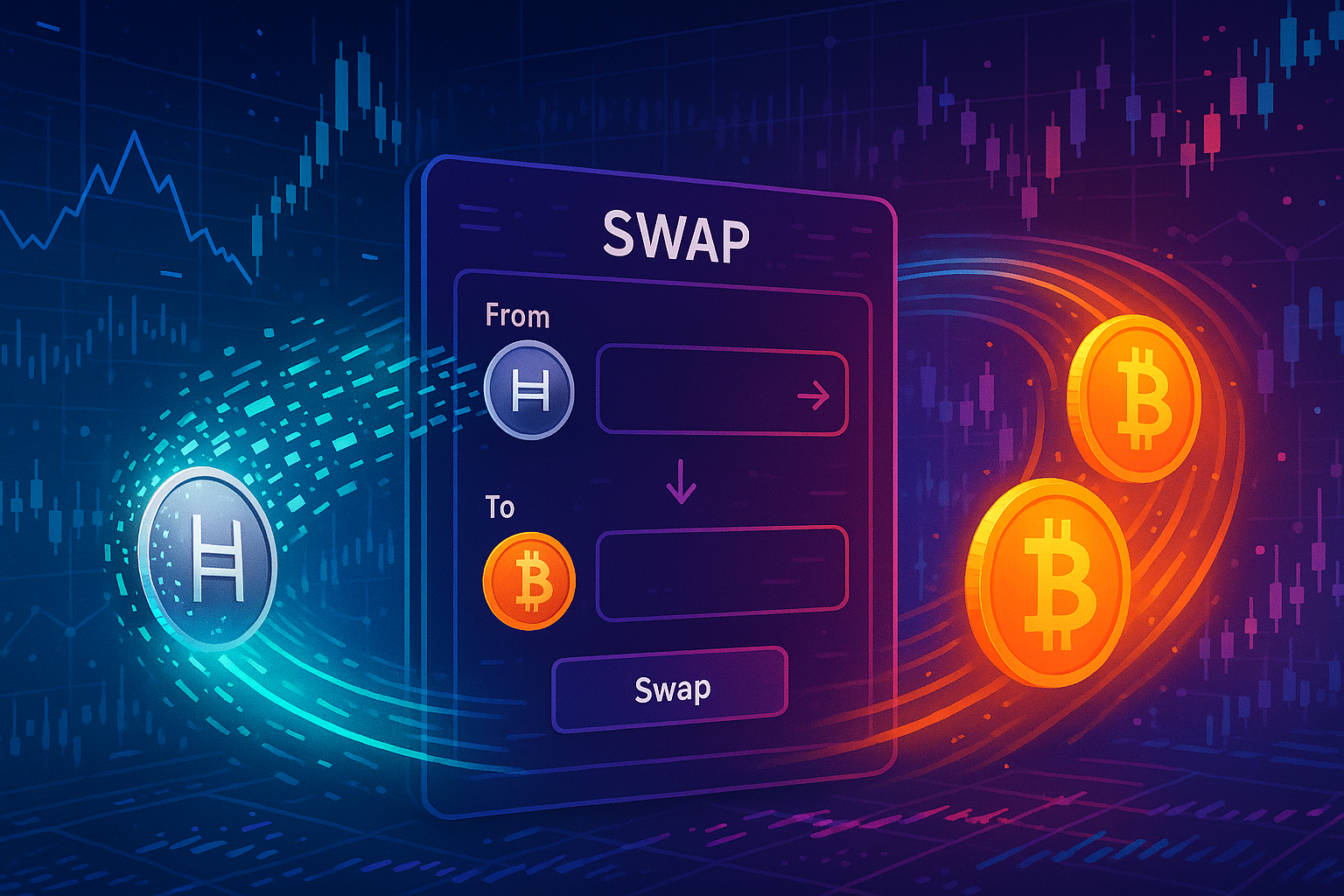Digital dashboard showing HBAR coin swapping through data tunnel into BTC coins