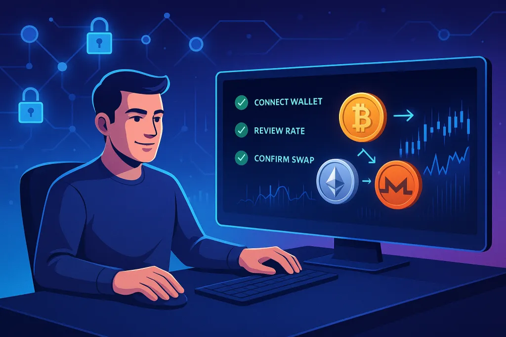 User swapping Bitcoin, Ethereum and Monero on secure crypto swap interface