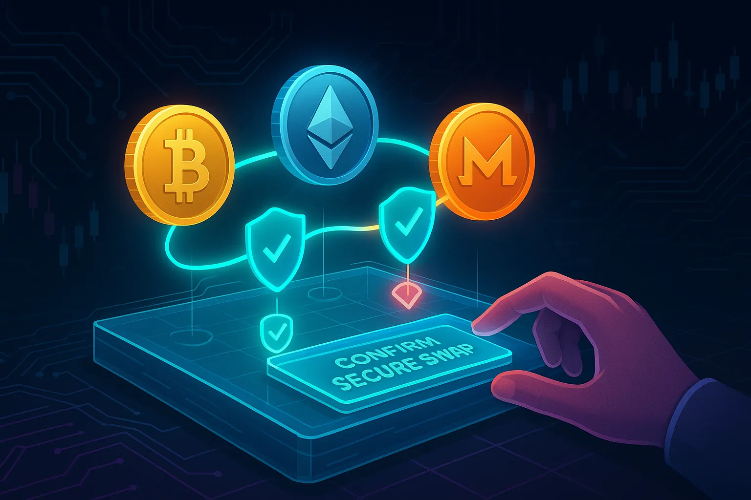 Secure crypto swap interface with floating coins, shields and confirm button
