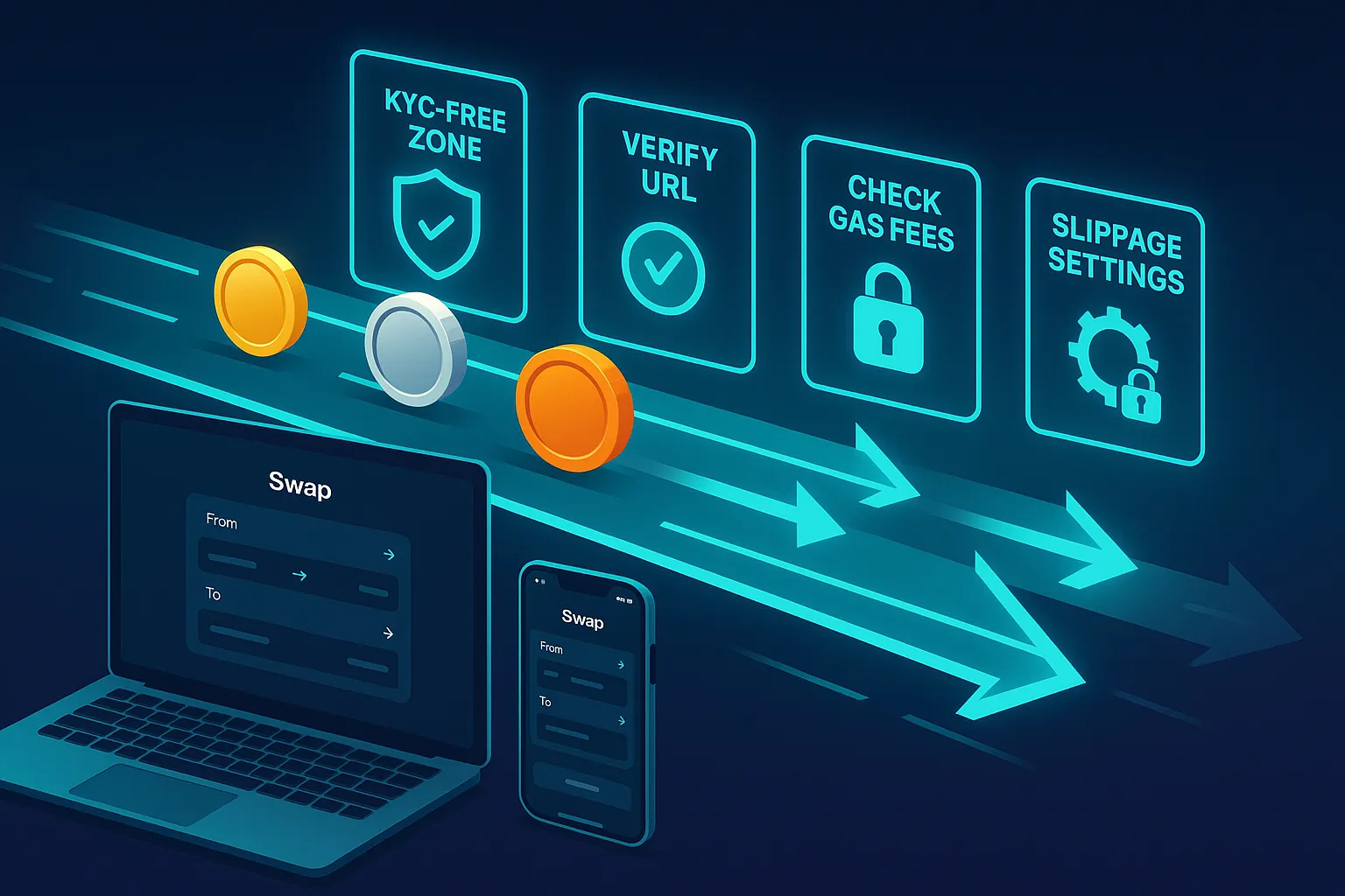 Modern crypto swap highway with safety checkpoints and secure swap interface on laptop and phone