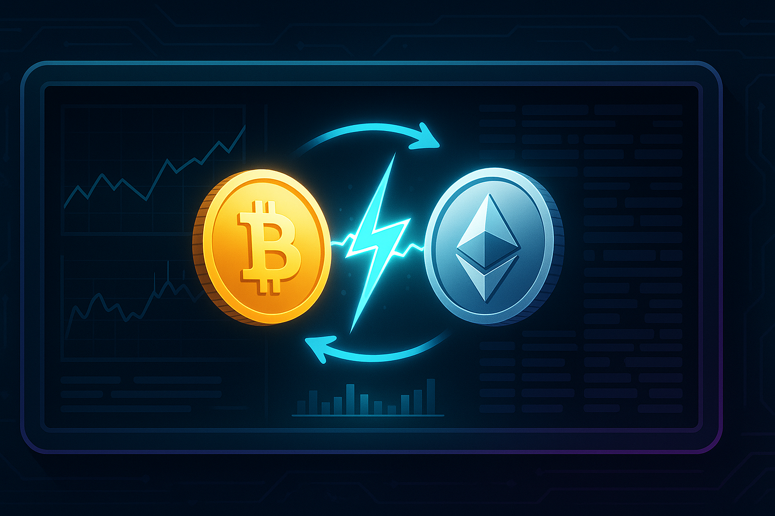 Futuristic dashboard showing instant Bitcoin-to-Ethereum crypto swap