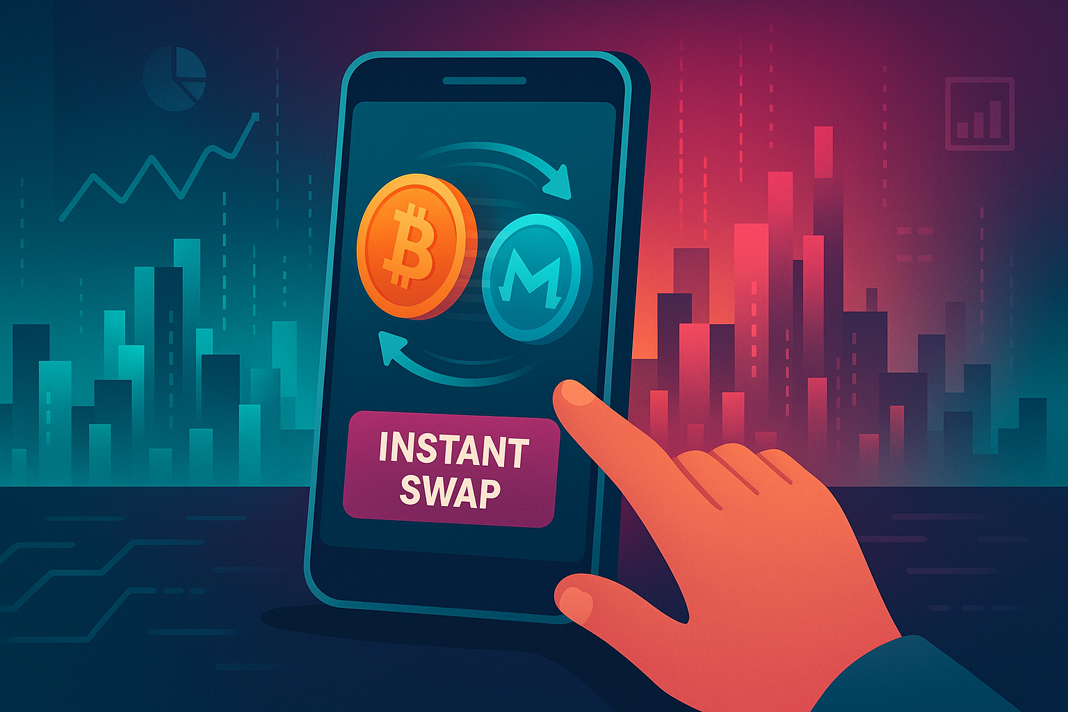 Hand tapping phone with instant crypto swap and rotating coins in neon city