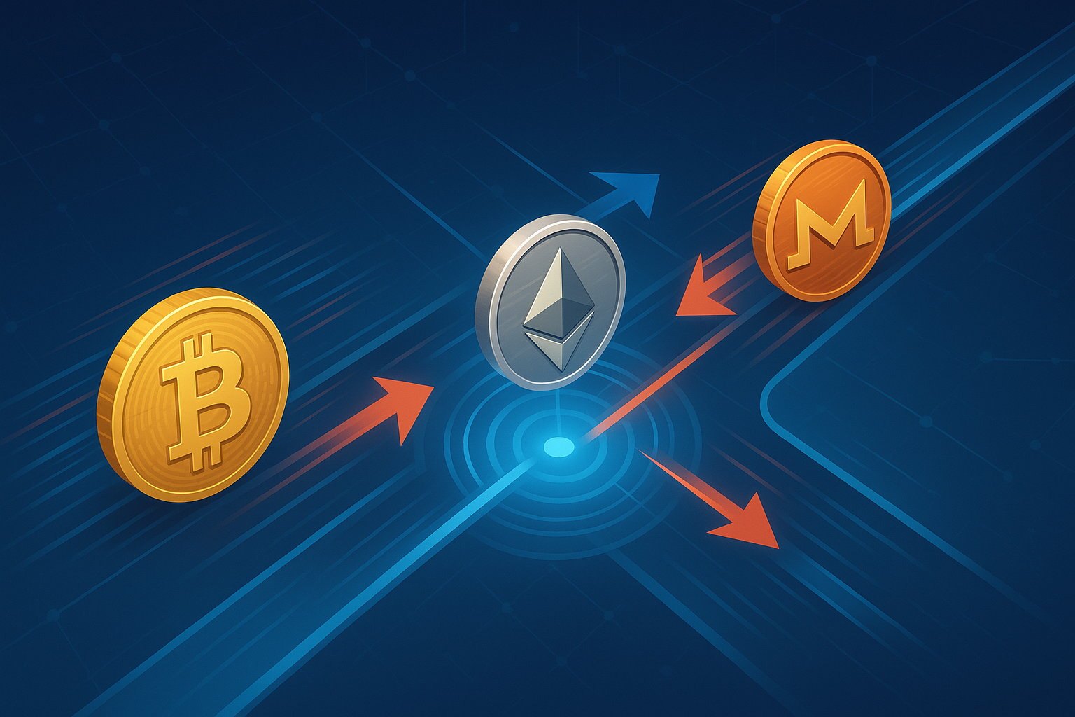 Instant crypto swap hub with colorful coins exchanging on a glowing digital blockchain grid