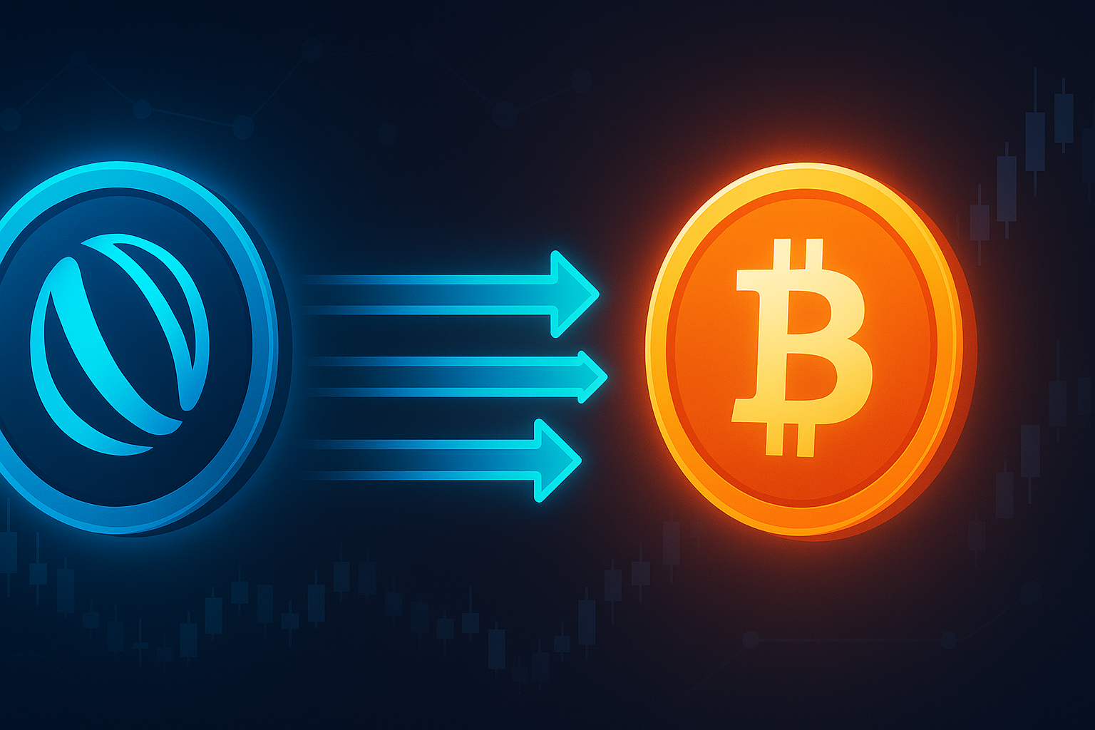 Futuristic INJ to BTC swap interface with glowing crypto tokens and charts