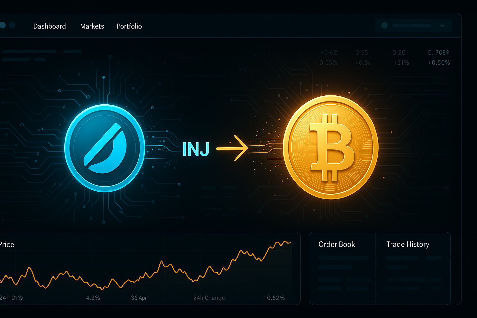 High-tech crypto dashboard showing INJ to BTC swap with holographic tokens
